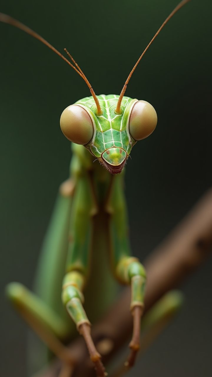 Macro closeup of a praying mantis, Mantis religiosa, its triangular head turned toward the viewer.
